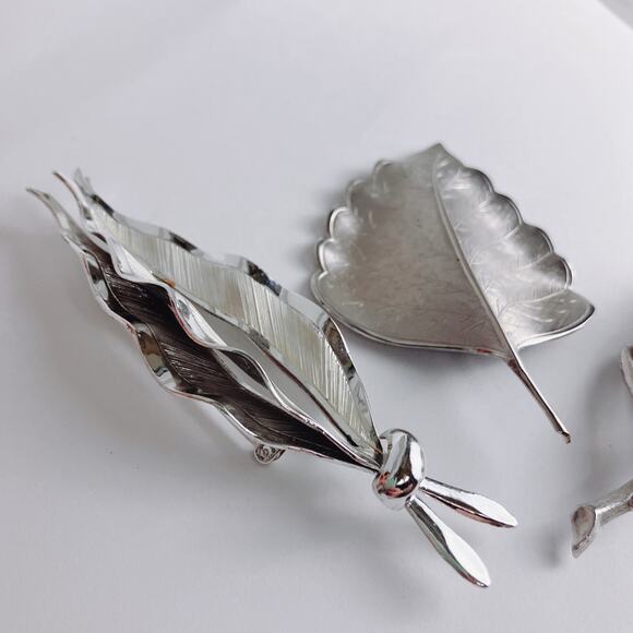Vintage Signed Pell Brooch Lot Of 3 Mid Century Silver Tone Leaf Pin Jewelry - Picture 12 of 13